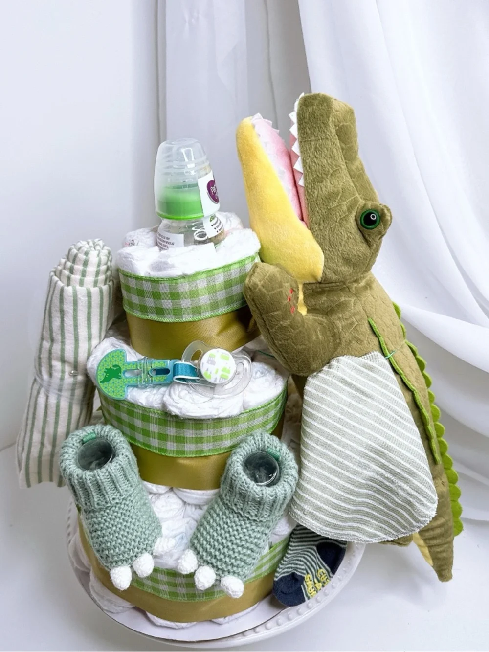 Green & White Alligator Baby Gift Set - Plush Crocodile + Essentials